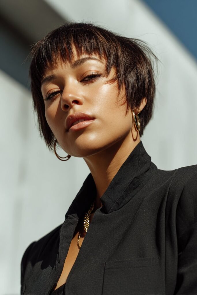 Young woman in her 20s with fine thin hair styled in a microchop bob, ultra-short choppy texture, structured monochrome outfit, modern art gallery.