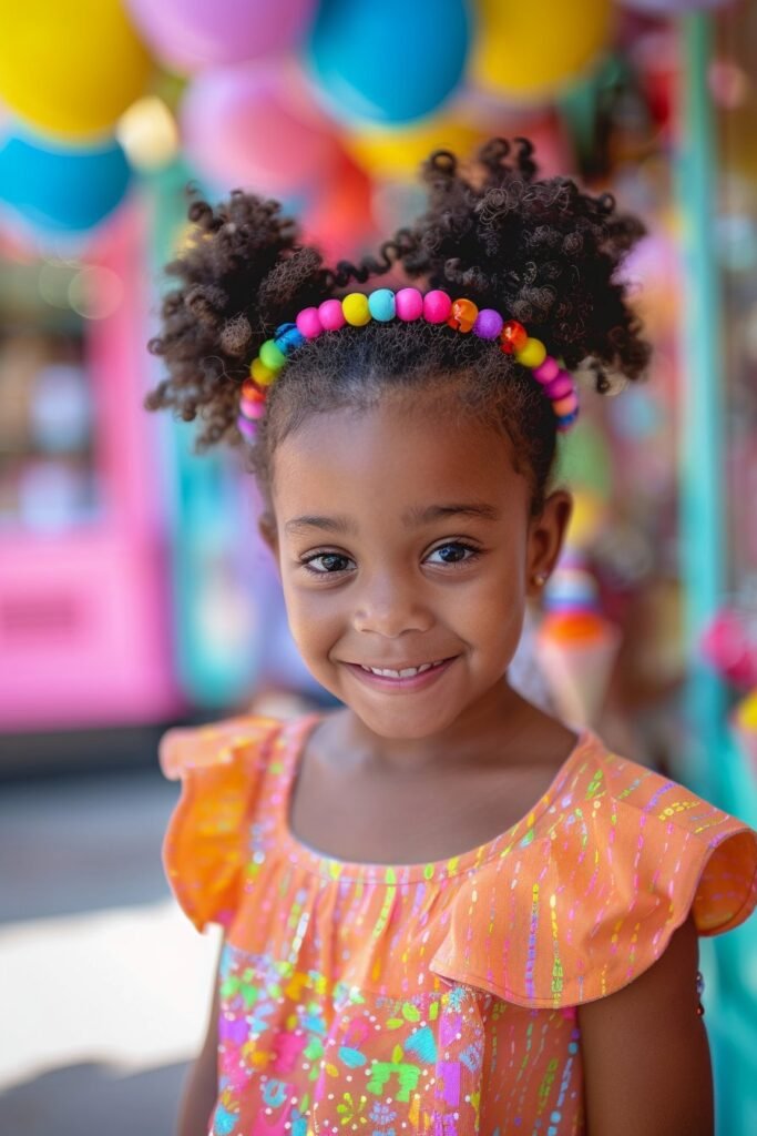 A cheerful young girl with mini afro puffs adorned with a colorful headband, wearing a coral outfit, smiling in front of a vibrant rainbow mural wall.