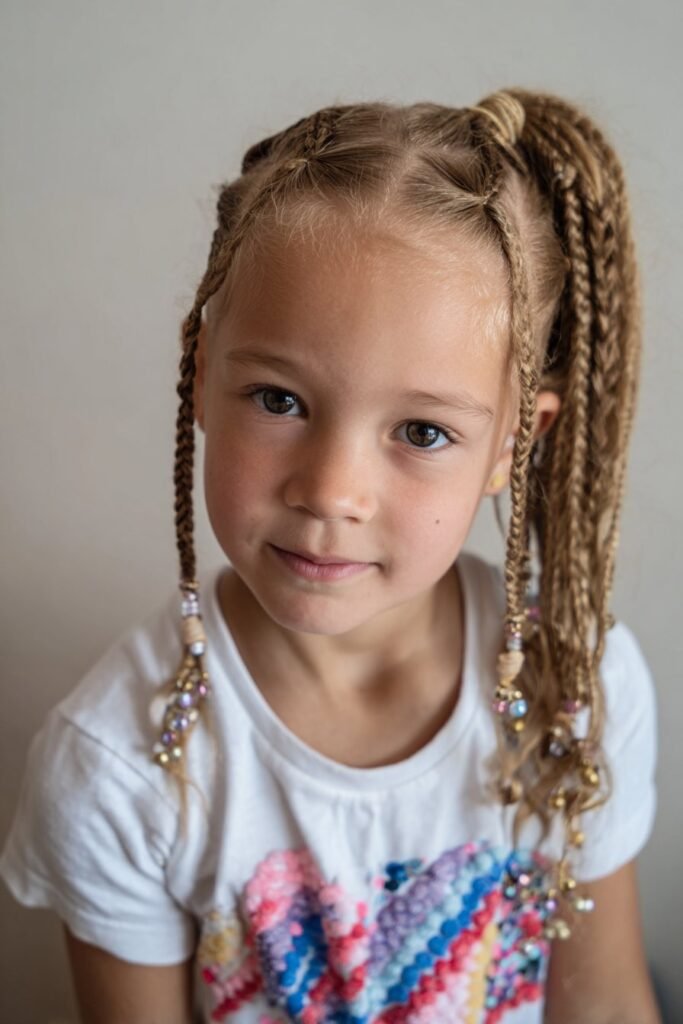 Toddler girl with tiny mini braids gathered into a ponytail with beads all over in a neutral studio.