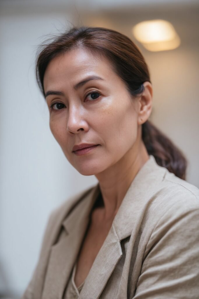 Refined woman in her 40s with a minimalist sleek low ponytail in classic brown, posed in a modern office – ponytail hairstyles for women over 40 series.