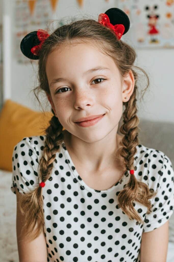 Minnie Mouse inspired braided style with red beads and bow accents, indoor playroom background, colorful toys, bright cheerful lighting