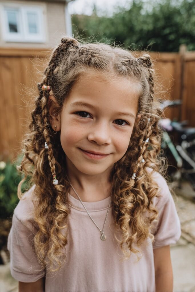 Mixed baby curls with beads on a young girl, cozy bedroom background, pastel walls, soft warm lighting
