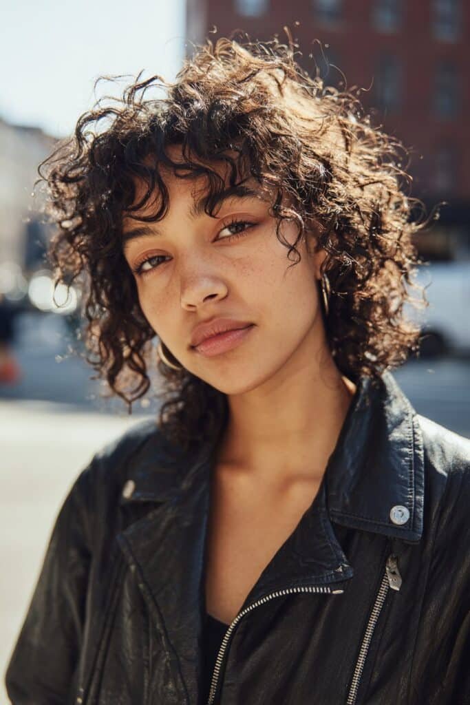 Young woman in her 20s with fine thin curly hair in a modern curly shag, leather-style jacket, posing on a downtown street.