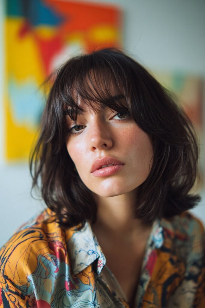 A bold woman with thin fine hair styled in a modern mullet with soft bangs, wearing an artistic printed shirt, posing in a colorful creative studio backdrop.