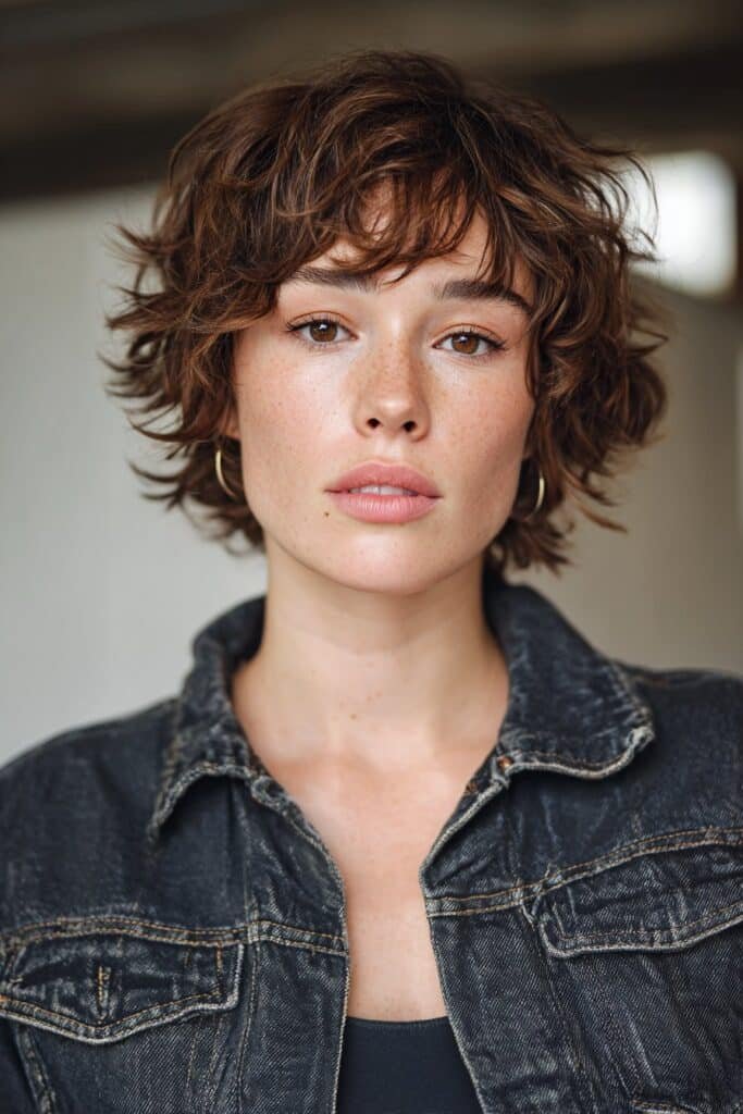Front-view portrait of a woman in her 20s wearing a modern shag haircut with layered movement in a creative studio loft environment.