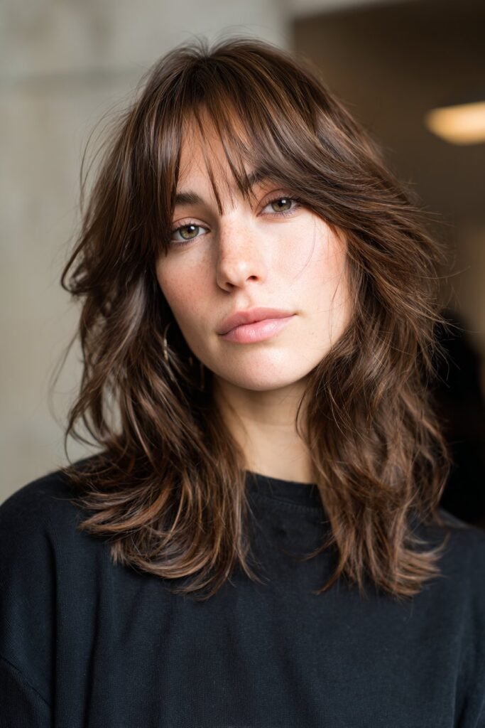 Front-facing shot of a woman in her 20s featuring a modern shag lob with feathered layers and textured ends for airy volume on fine hair.