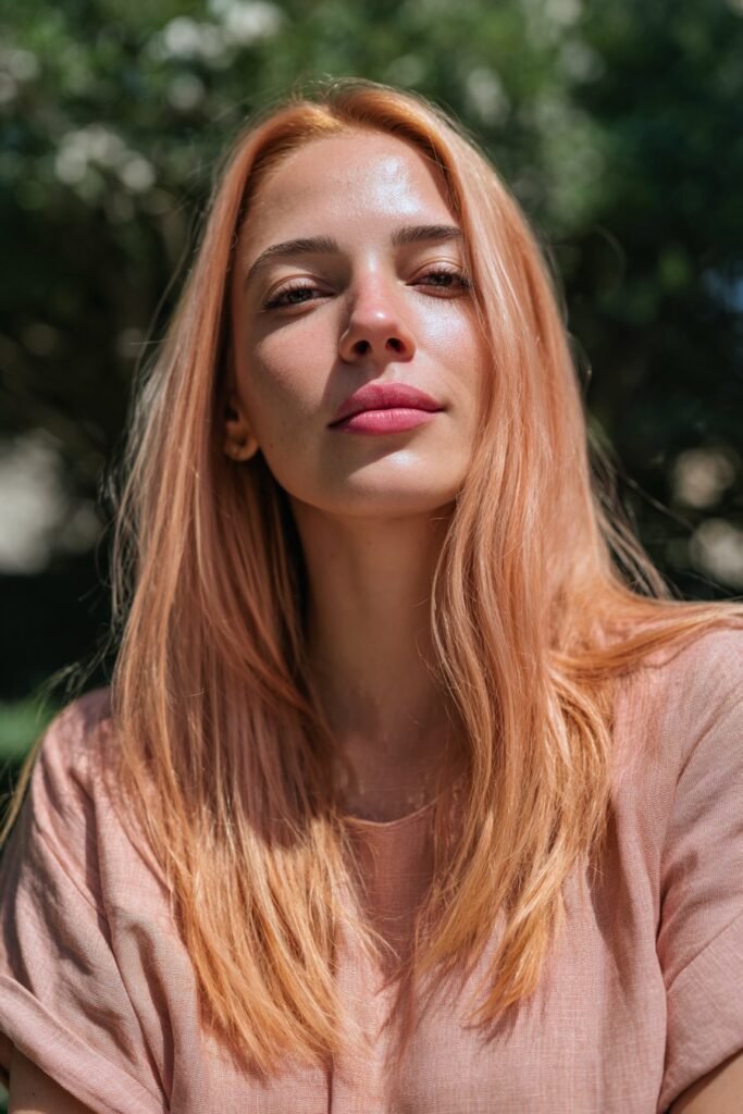 Woman in her 20s with peachy butter blonde hair, soft peach undertones blending into warm blonde, set in a garden background.