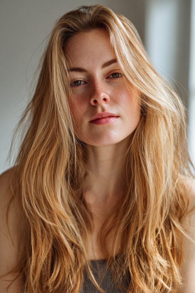 Front-facing portrait of a woman in her 20s showcasing pearl blonde hair with luminous cool-toned shine in a bright, softly lit studio environment.