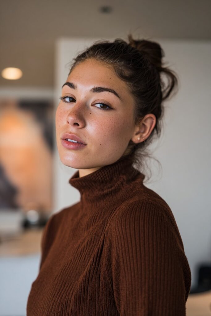 Stylish woman wearing a structured turtleneck with the front section of hair pinned back in a modern art gallery space.
