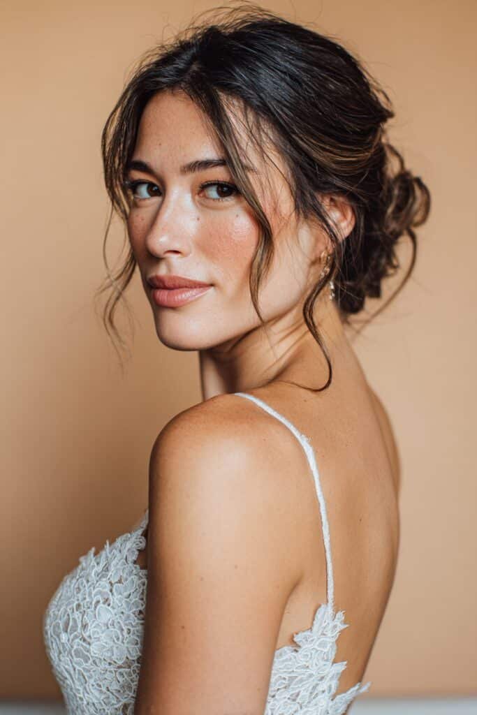 Fine hair styled in loose waves with pinned-back sides to add shape and gentle volume in a soft wedding aesthetic.