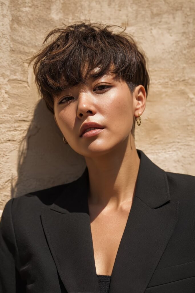 A confident woman with thin fine hair in a pixie cut with long bangs, dressed in a black blazer, photographed against a minimal beige studio backdrop.