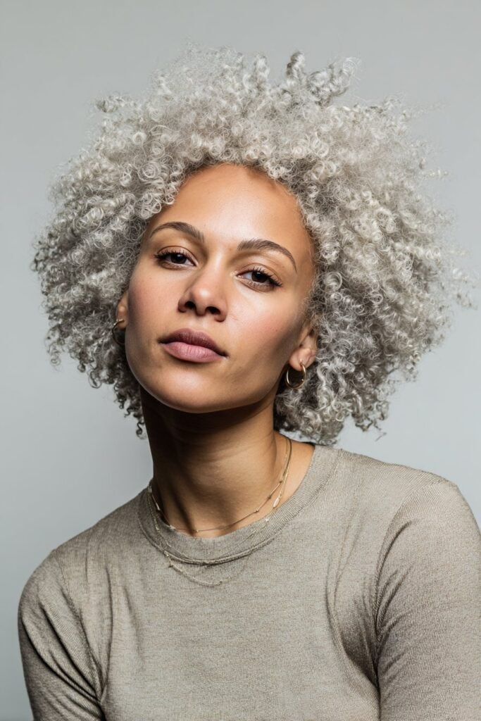 Woman in her 20s showcasing a platinum afro, full textured icy blonde curls highlighted in a clean studio setting.