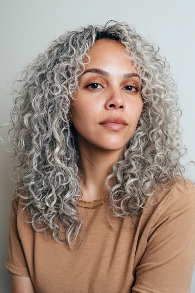 Young woman with platinum balayage on curly hair, icy blonde highlights blended into natural curls in a neutral studio.