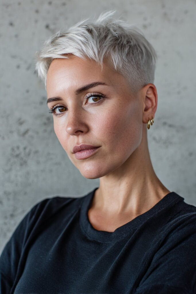 Woman in her 20s with a platinum pixie cut, featuring ultra-short icy blonde hair styled neatly in a modern studio setting.
