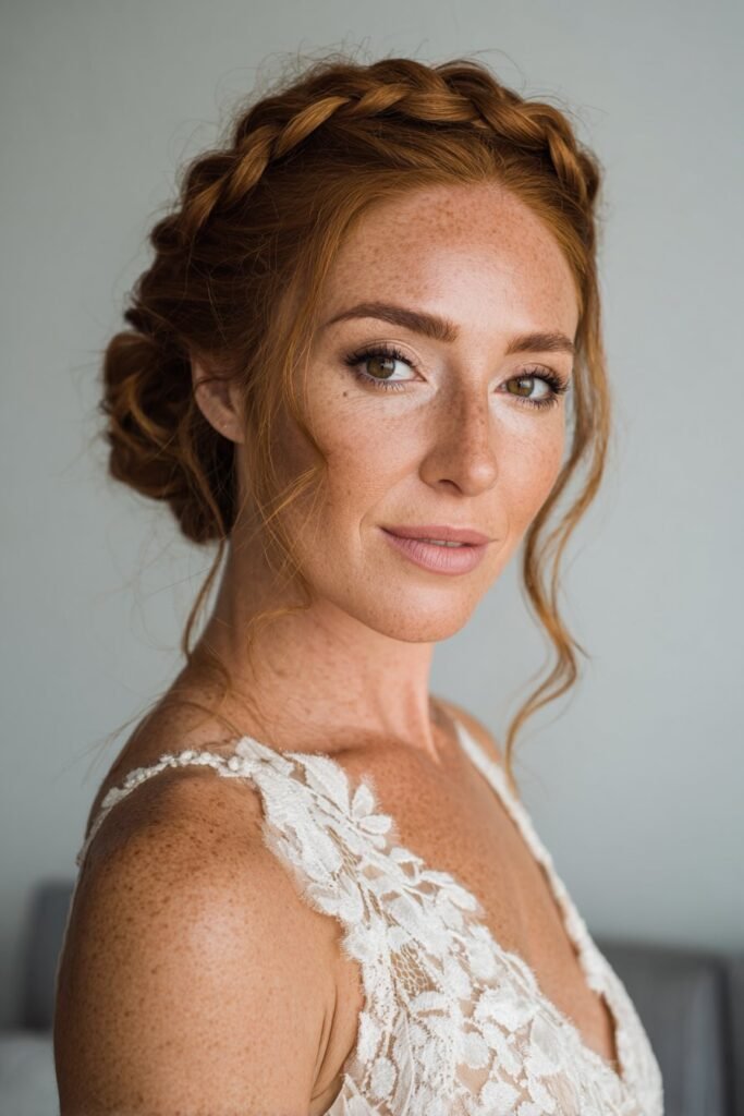 A polished braided crown hairstyle designed to enhance thin fine hair with structured braiding and elegant detail.