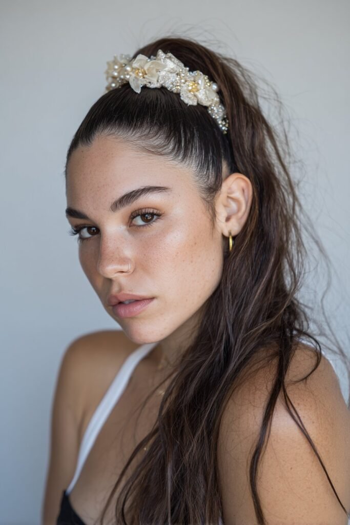 A close-up photo of a young elegant American woman with a romantic ponytail and floral headband – ponytail hairstyles with headband series.