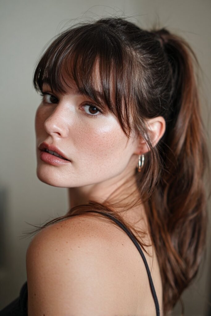 A close-up photo of a young elegant American woman with a sleek ponytail, curtain bangs, and slim headband – ponytail hairstyles with headband series.