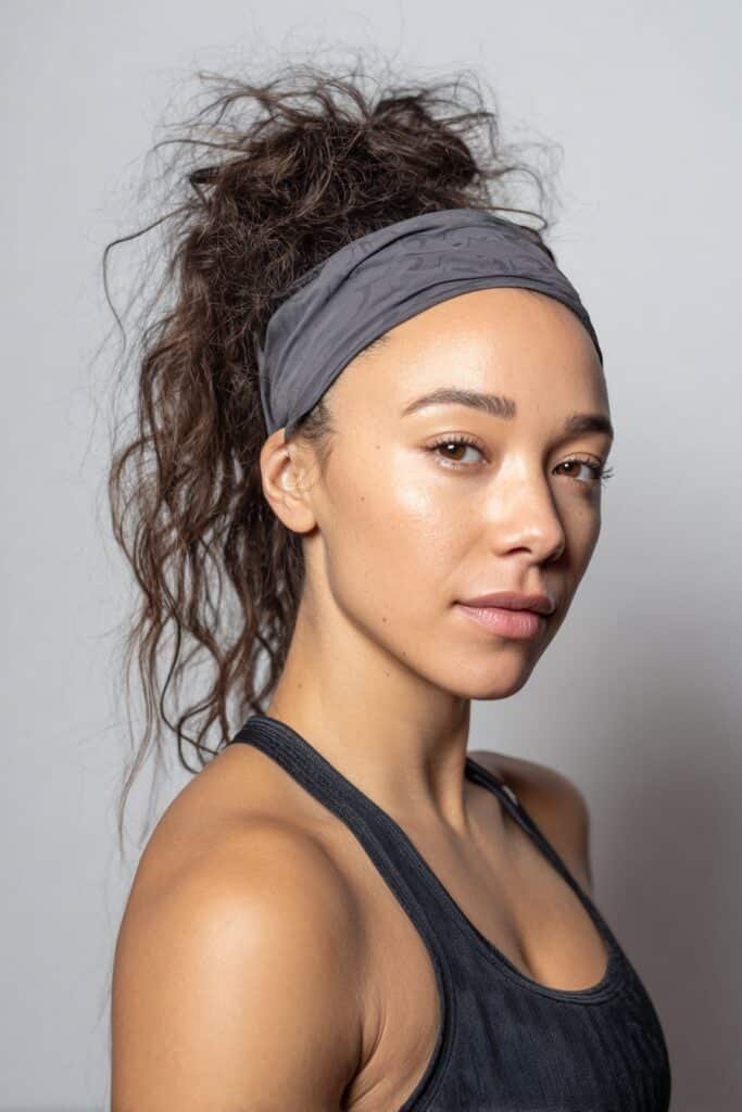 A close-up photo of a young elegant American woman with a high workout-ready ponytail and wide athletic headband – ponytail hairstyles with headband series.