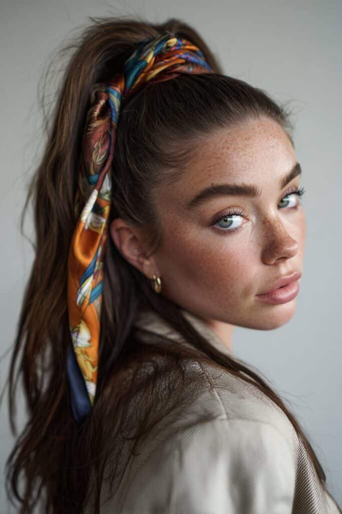 A close-up photo of a young elegant American woman with a sleek ponytail featuring a silk scarf headband – ponytail hairstyles with headband series.