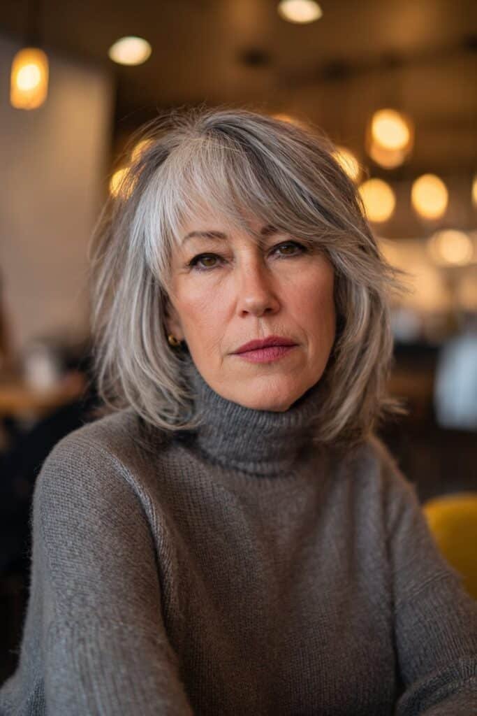 A woman over 50 with a razor-cut shag and bangs posing inside a cozy café with warm blurred lighting.