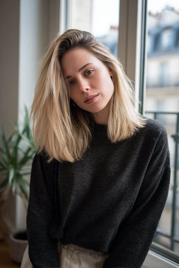 Young woman showcasing real world blonde hair, natural neutral tones styled casually in a bright city apartment.
