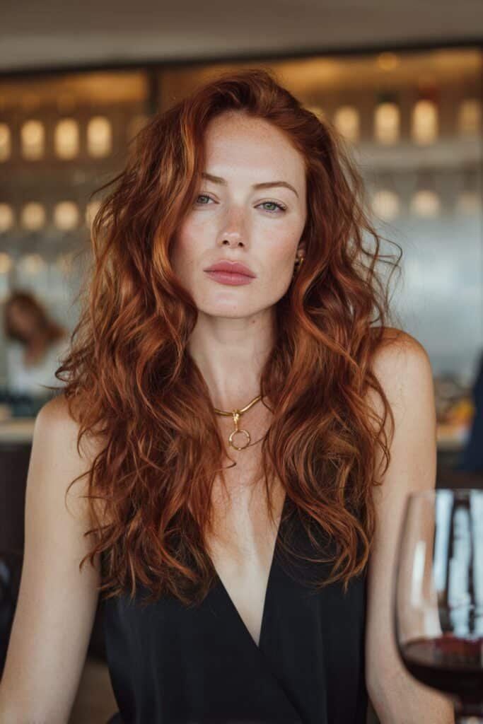 Chest-up front-facing image of a woman in her 20s showcasing red wine hair with rich burgundy depth in an elegant wine bar setting.
