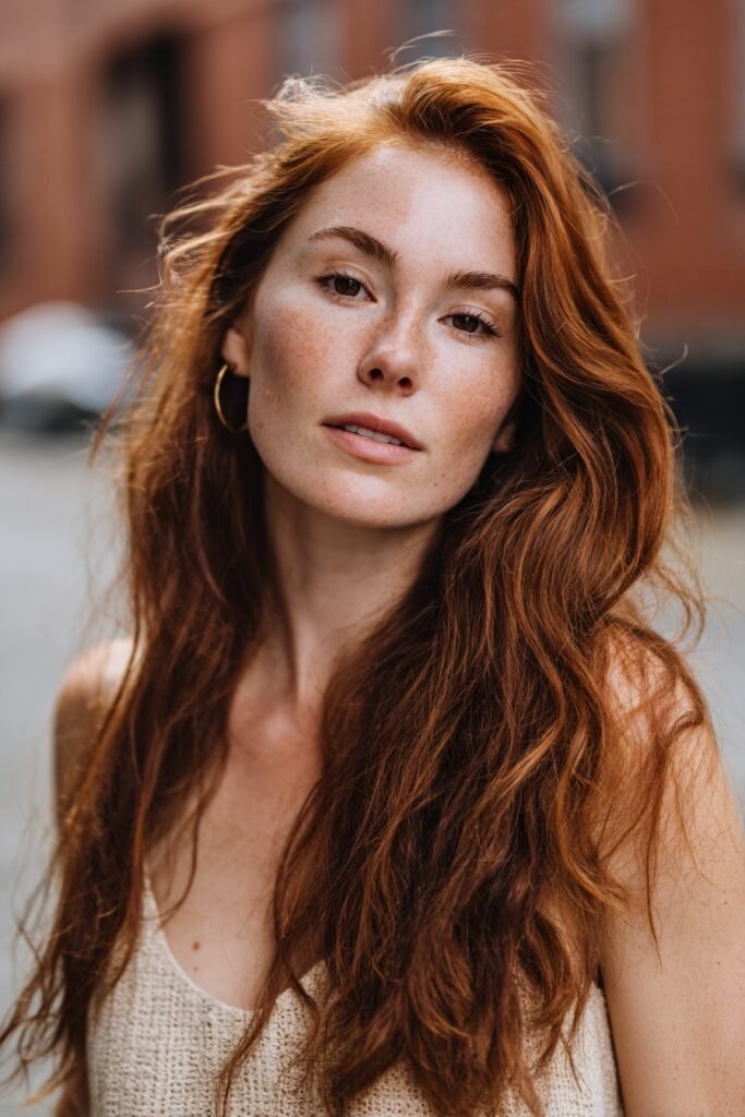 Front-facing portrait of a woman in her 20s with soft reddish brown hair, displaying warm natural tones against an outdoor brick-lined street.