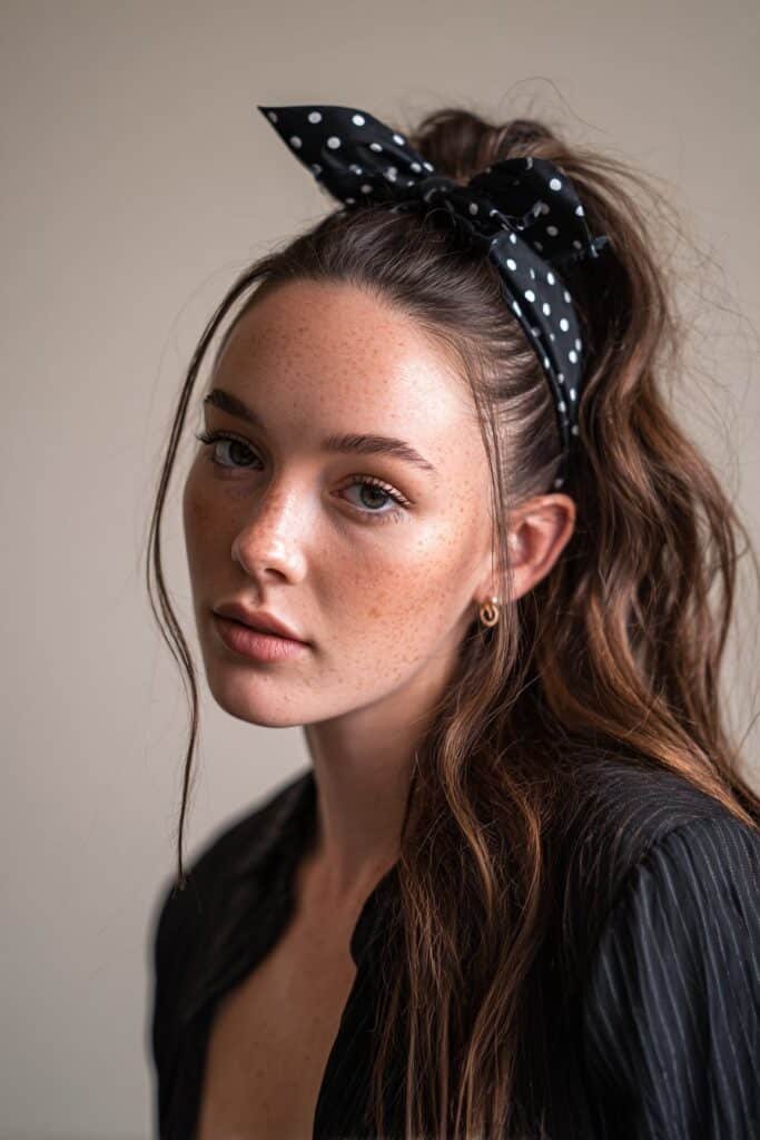 A close-up photo of a young elegant American woman with a bouncy retro flip ponytail and polka-dot headband – ponytail hairstyles with headband series.