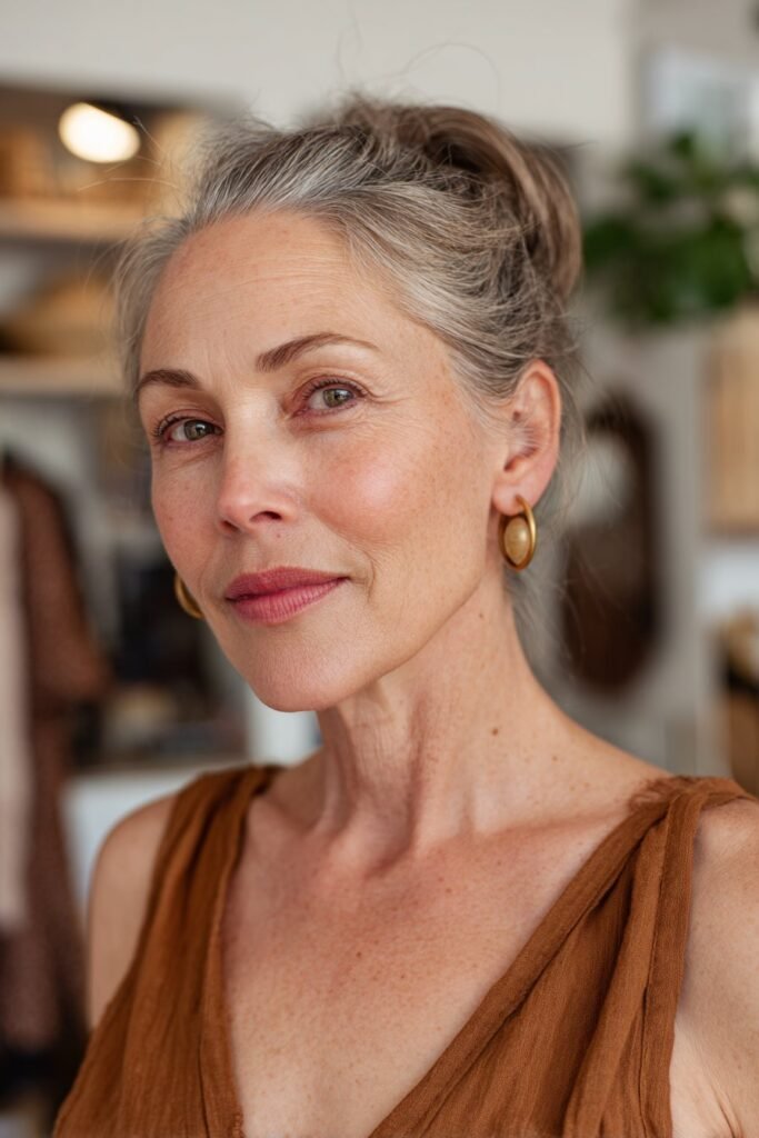 Stylish woman in her 40s with a retro flip ponytail in sandy light brown, posed in a vintage diner – ponytail hairstyles for women over 40 series
