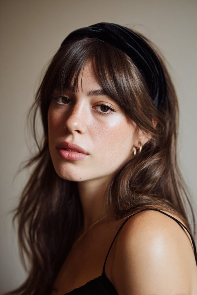 A close-up photo of a young elegant American woman with blunt bangs accented by a stretchy retro jersey headband, featuring realistic hair texture under soft natural lighting, subtle makeup, warm skin tone, confident expression, fully clothed in a chic outfit, in an Instagram-style beauty shot – headband with bangs series.