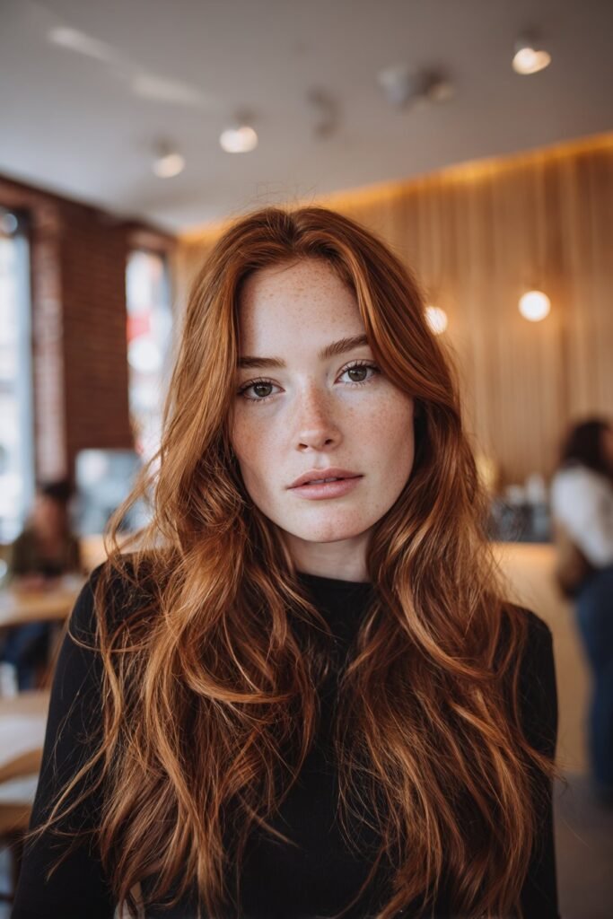 Young woman showcasing rich copper hair with deep warm tones, softly waved and photographed inside a modern brick café.