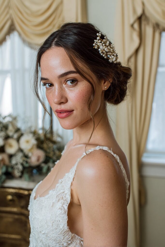 Bride in her 20s wearing a romantic low bun wedding hairstyle decorated with elegant pearl combs, photographed in soft indoor bridal lighting.