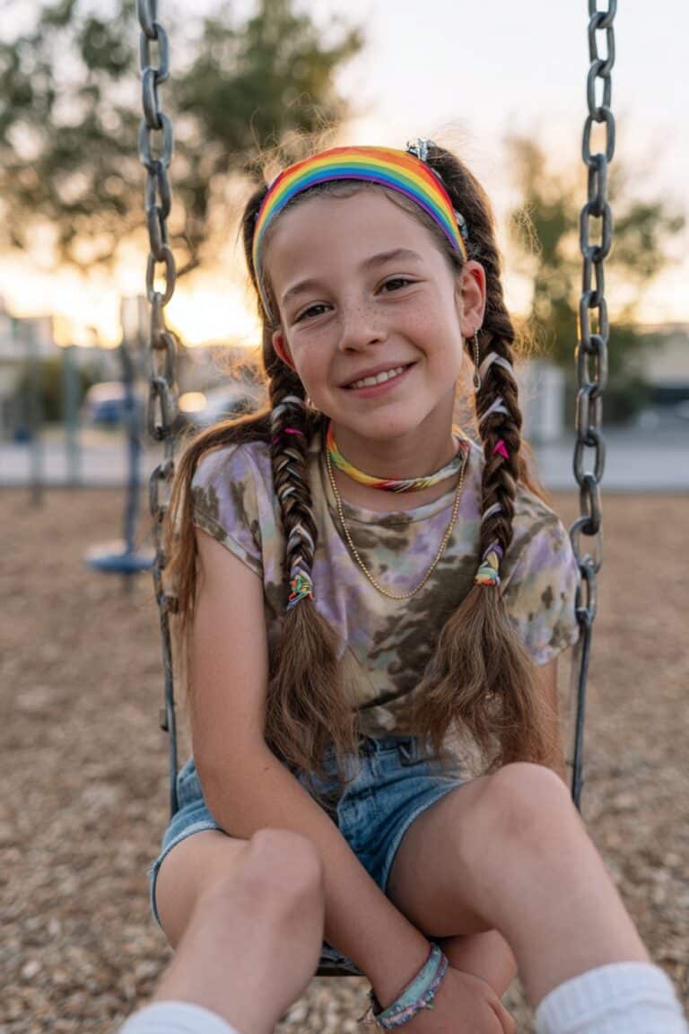 A bright little girl with rubber band braids held by a simple headband, dressed in a pastel mint outfit, smiling in a colorful indoor gym space with playful decorations.