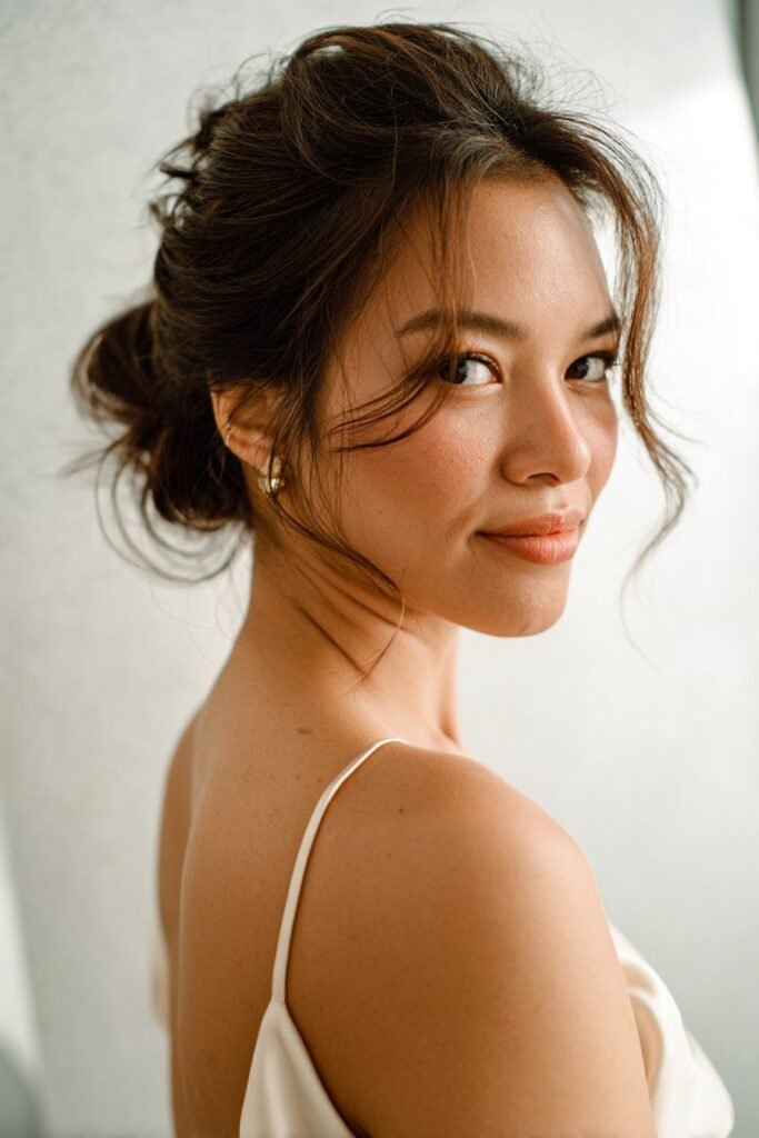 A sculpted low knot designed for thin fine hair with subtle texture, giving a refined and polished wedding appearance.