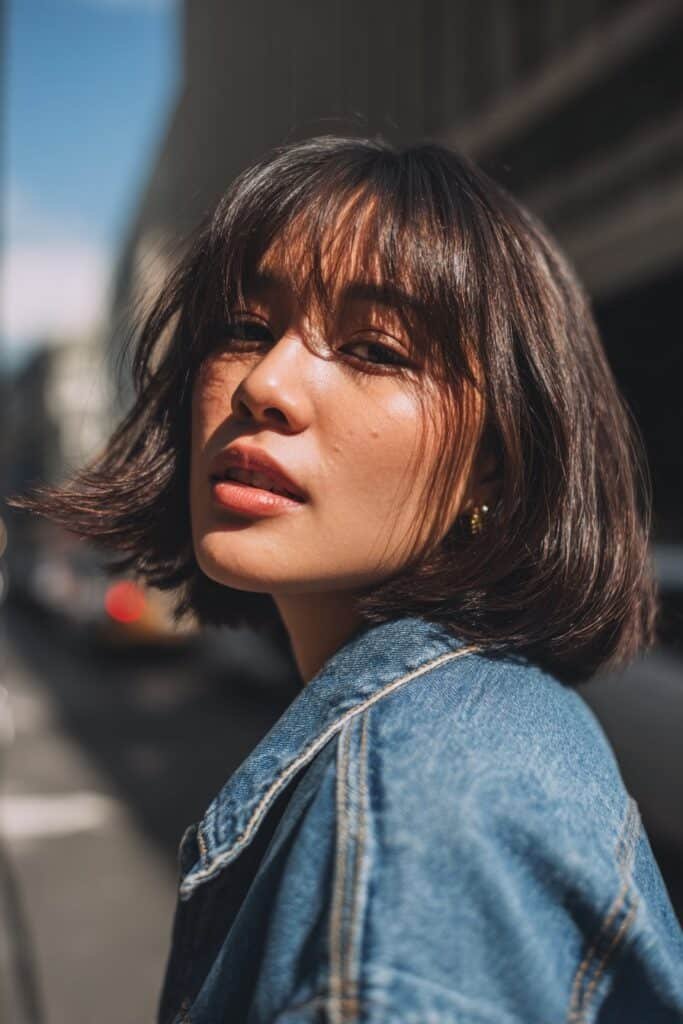 A trendy woman with thin fine hair styled in a shaggy bob with side bangs, wearing a denim jacket, posing outdoors on a bright city street.