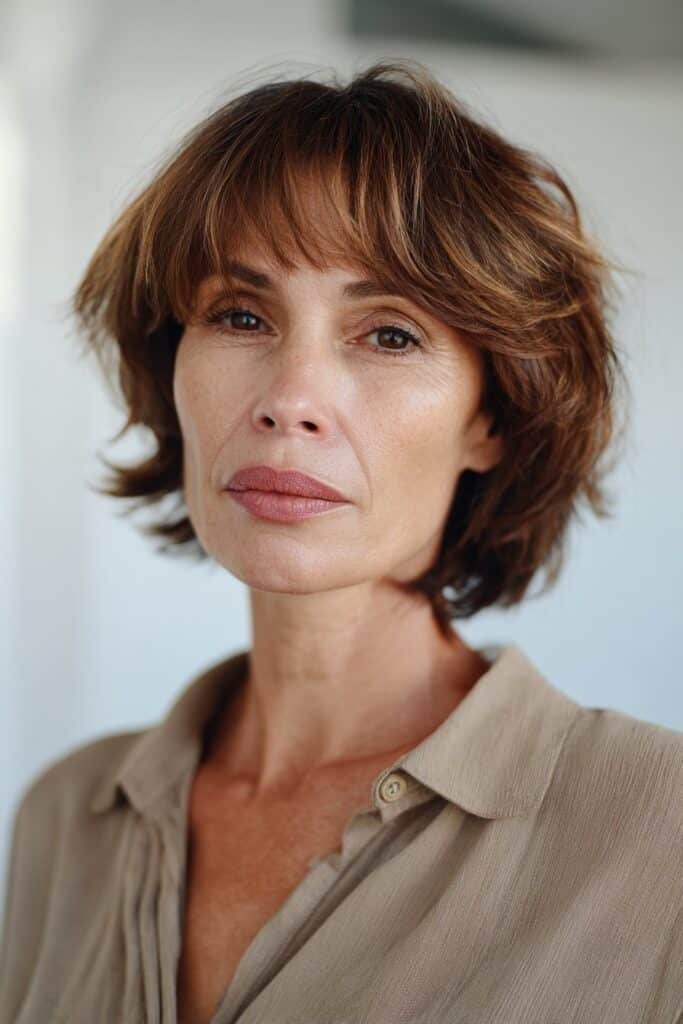A woman over 50 featuring a shaggy bob with wispy fringe, photographed indoors in an art gallery with minimal white walls.
