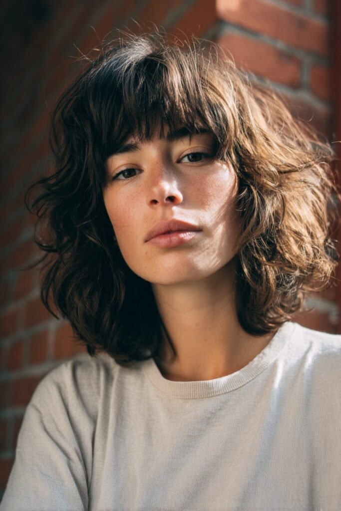Front-view shot of a woman in her 20s featuring a shaggy lob haircut with curtain bangs and textured layers for added volume in fine hair.
