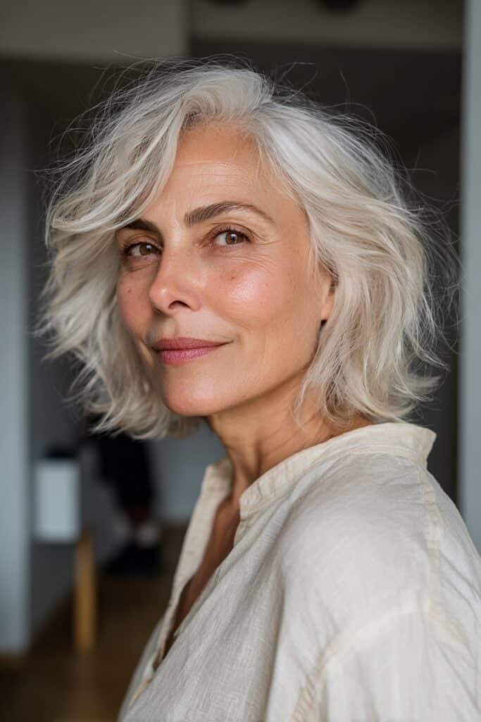 A woman over 50 with a shaggy lob and volume layers posing in a softly lit hallway with natural light.