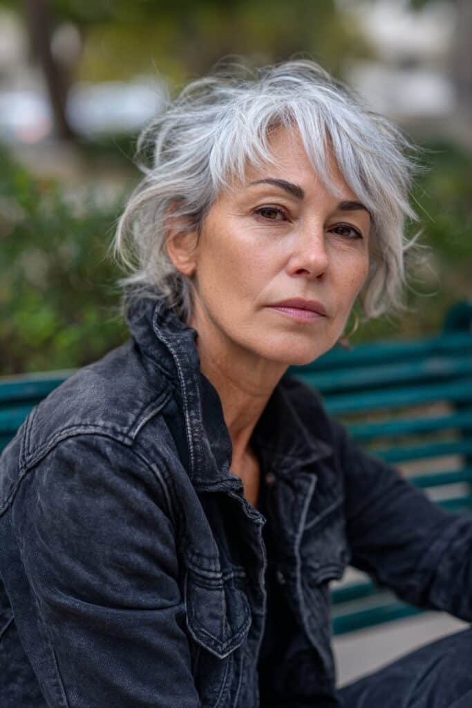 A woman over 50 wearing a shaggy mullet with micro bangs, photographed on a park bench with greenery in the background.