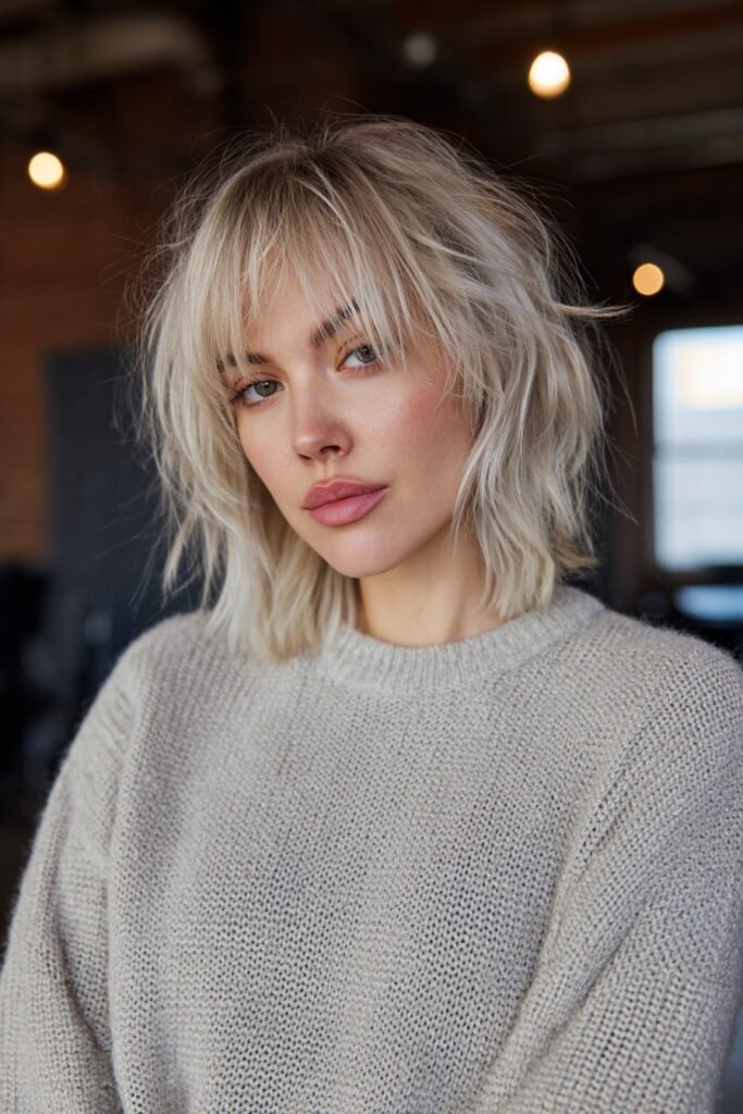 Woman in her 20s with a shaggy platinum bob, layered icy blonde hair creating texture and movement in a softly lit indoor space.