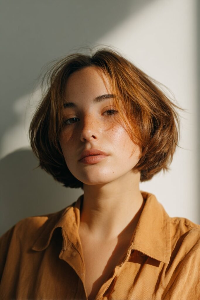 Young woman in her 20s with fine thin hair styled in a short choppy bob, natural everyday look, cozy casual outfit, bright indoor hallway.