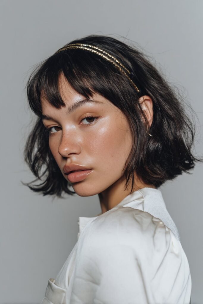 A close-up photo of a young elegant American woman with short curtain bangs framed by a thin metallic headband, featuring realistic hair texture under soft natural lighting, subtle makeup, warm skin tone, confident expression, fully clothed in a chic outfit, in an Instagram-style beauty shot – headband with bangs series.
