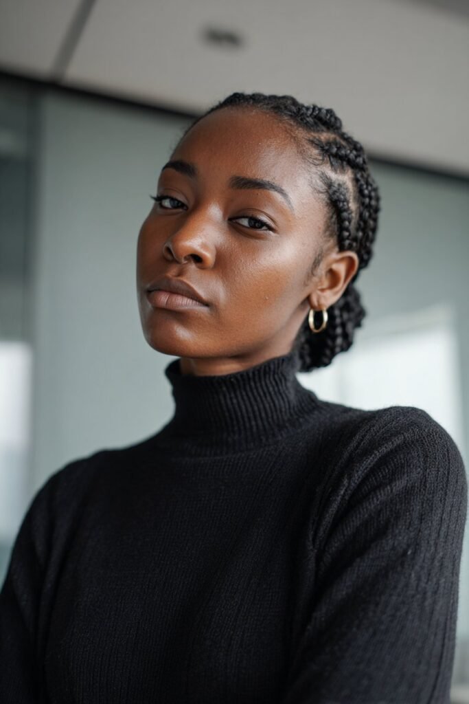 Polished woman wearing a fitted turtleneck with short Fulani braids gathered into a low bun inside a modern office interior