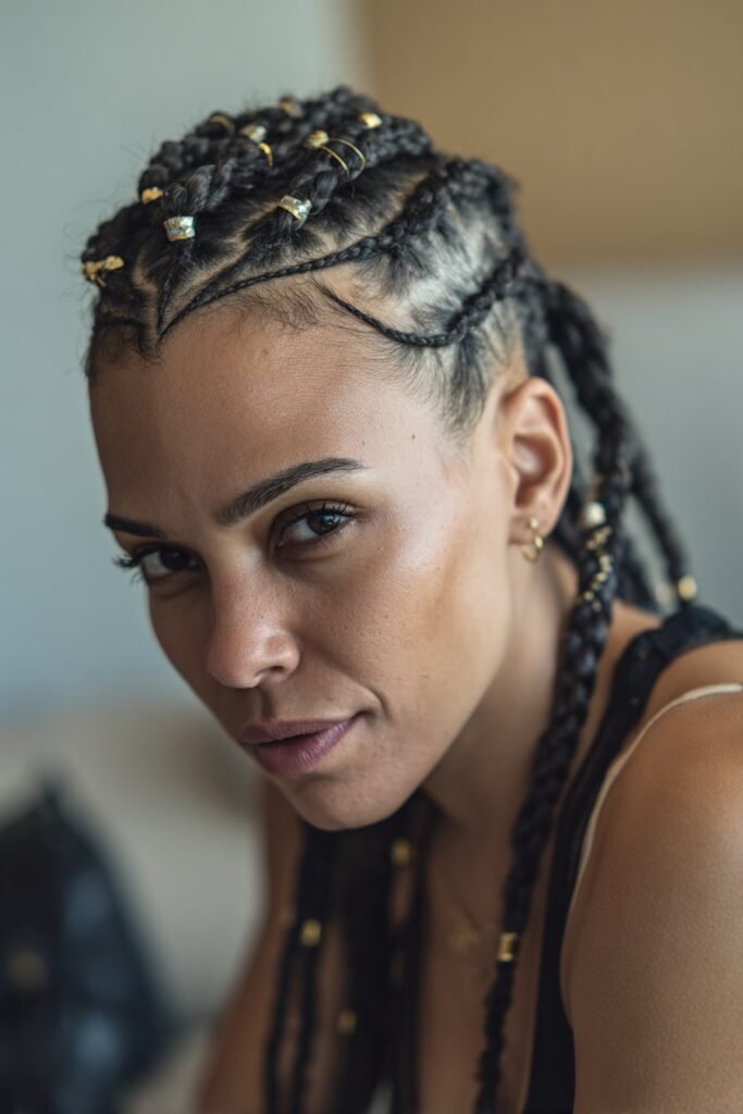A woman in her 20s turning her head sideways to reveal curved cornrow detailing in short Fulani braids with beads woven into the braids, captured in a natural indoor setting.