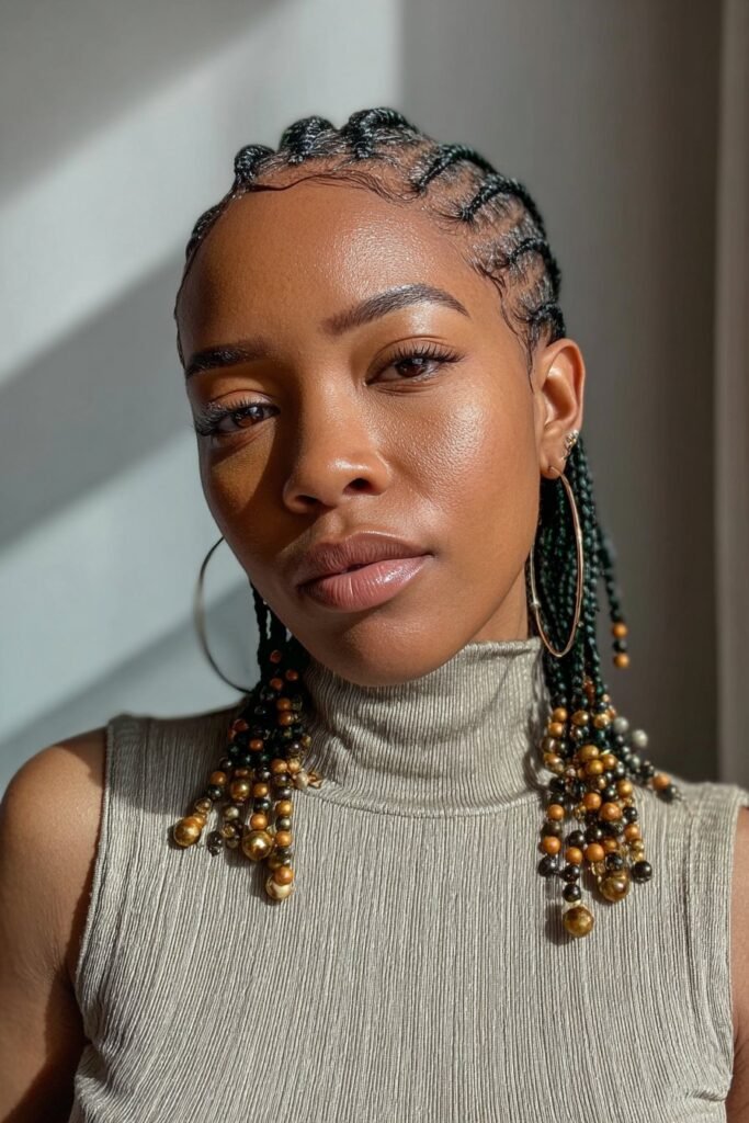 Side-angled portrait of a woman in her 20s showcasing short Fulani braids with beads woven into the braids only, emphasizing bead placement against a simple neutral background.