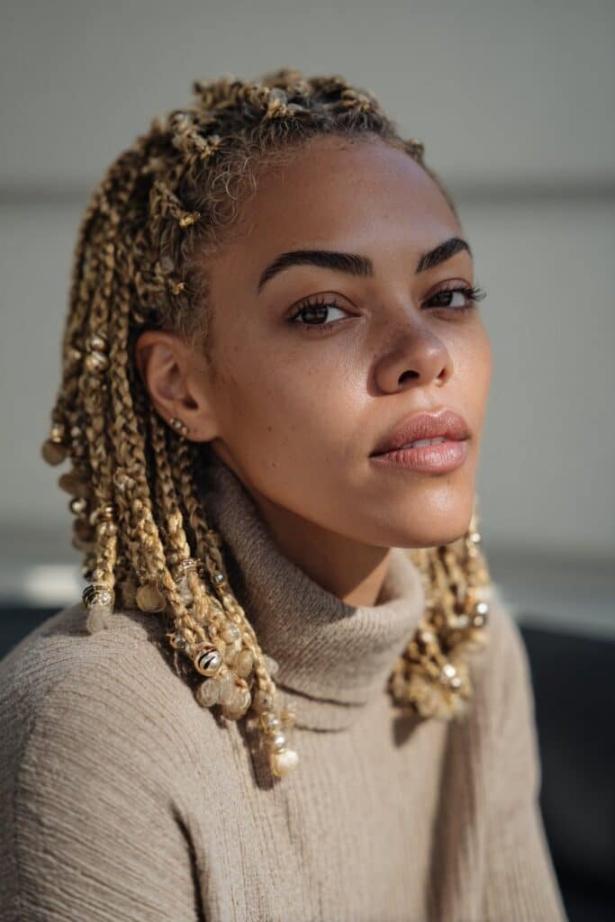 Angled portrait of a woman in her 20s showcasing short Fulani braids with blonde accents and beads woven into the braids, allowing color contrast to stand out against a contemporary background.