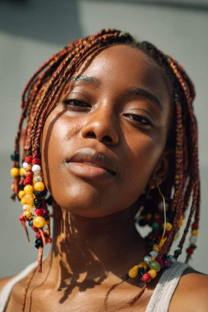 A woman in her 20s tilting her head to the side to showcase short Fulani braids with colorful extensions and beads woven into the braids, photographed in a creative modern studio setting.
