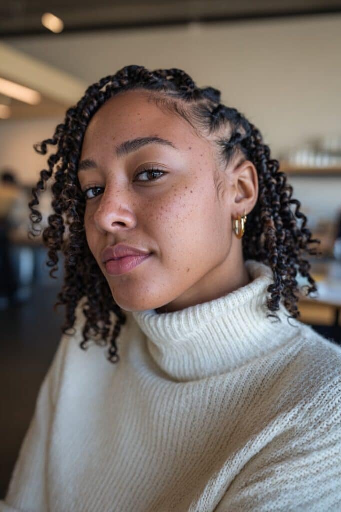 Young woman wearing a turtleneck with short Fulani braids finished with soft curly ends, photographed in a cozy café setting.