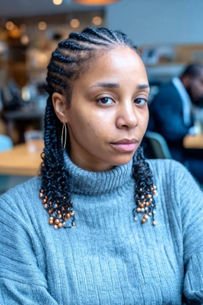 A woman in her 20s gently turning her head to show short Fulani braids with beads woven into the braids and softly curled ends, captured in a cozy café-style background.