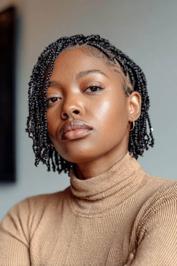 Woman in her 20s wearing a simple turtleneck with short Fulani braids created using a seamless feed-in technique in a neutral studio background.